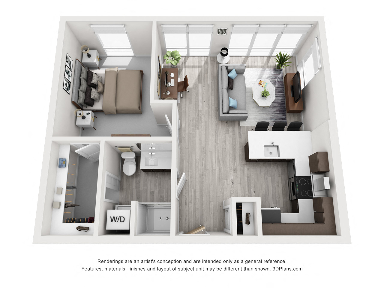 Floor plan for 1 bed, 1 bath, 671 sqft